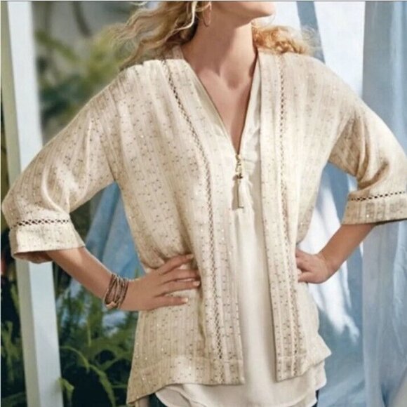 Soft Surroundings  Soft Gold Glamour‎ Topper Open Front Cream Cardigan SZ M - Picture 1 of 13